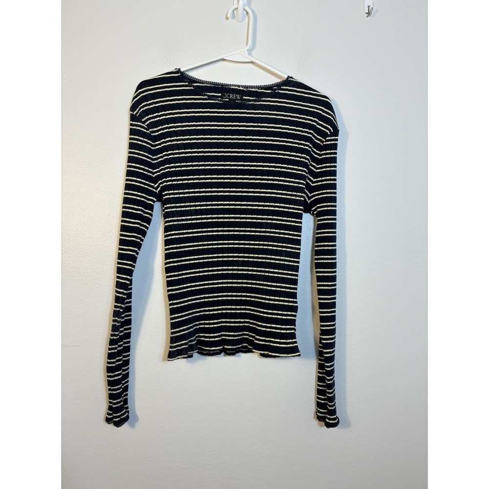 J Crew Long‎ Sleeve Ribbed Cotton Top Sz M Blue/white Striped Casual